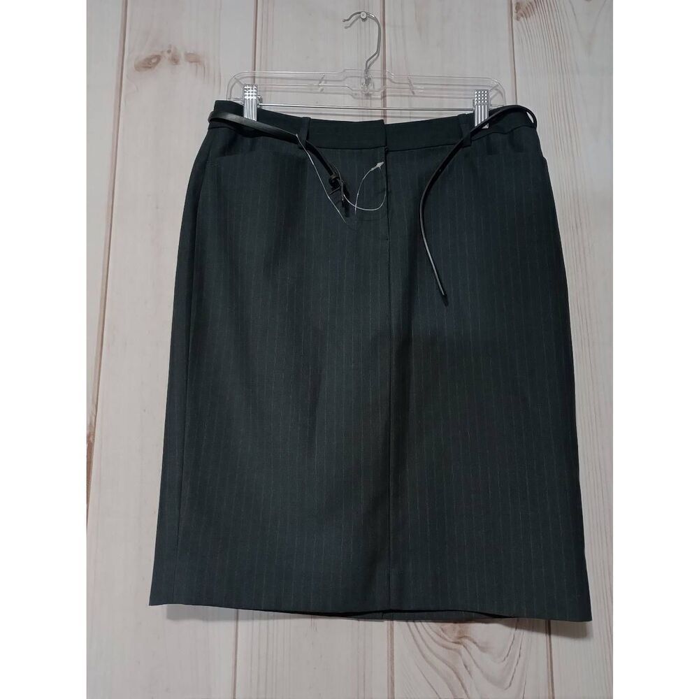 Calvin Klein Pinstripe Pencil Skirt Black Belted Career Office Formal Sz 8